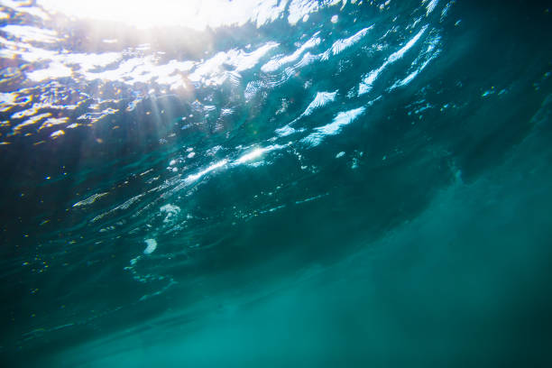 istock Wave underwater with sun light. Blue ocean in underwater 845595234