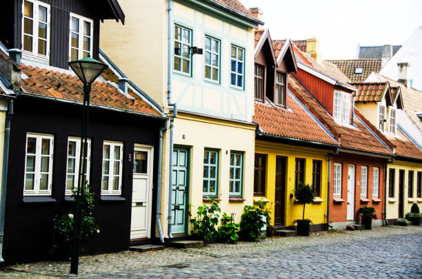 vieilles maisons dans le quartier de h.c.andersen au danemark - odense hans christian andersen town denmark photos et images de collection