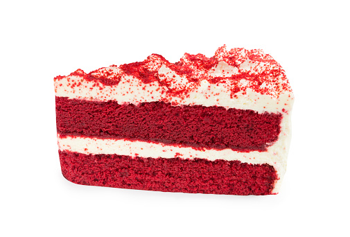 Red Velvet Cake sliced in piece isolated on white background (Clipping Path included), close-up shot (big cake) for X'mas season, new year, Valentines day or special holidays celebration