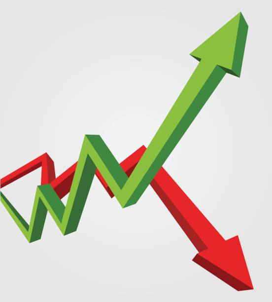 bildbanksillustrationer, clip art samt tecknat material och ikoner med grön pil upp och röd pil ner. stock exchange konceptet visar om vinst och förlust trading av näringsidkaren, 3d stil illustration. - nederlag