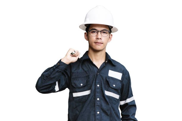 istock Asian man,Engineer or Technician in white helmet, glasses and blue working shirt suit holding wrench, isolated on white, mechanic and Oil and Gas industrial concept with clipping path. 845608730
