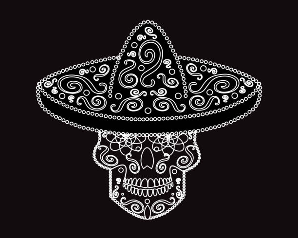 mexikanische totenschädel mit sombrero hintergrund, tag der toten - scroll shape frame skull decoration stock-grafiken, -clipart, -cartoons und -symbole