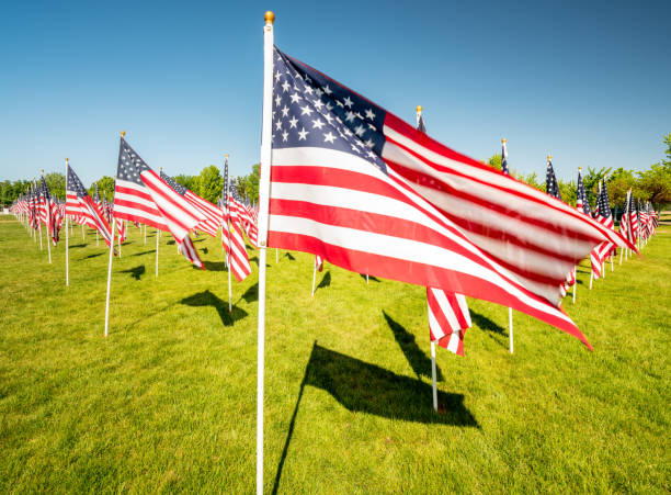istock Many American flags blosing in the wind on poles 845609040