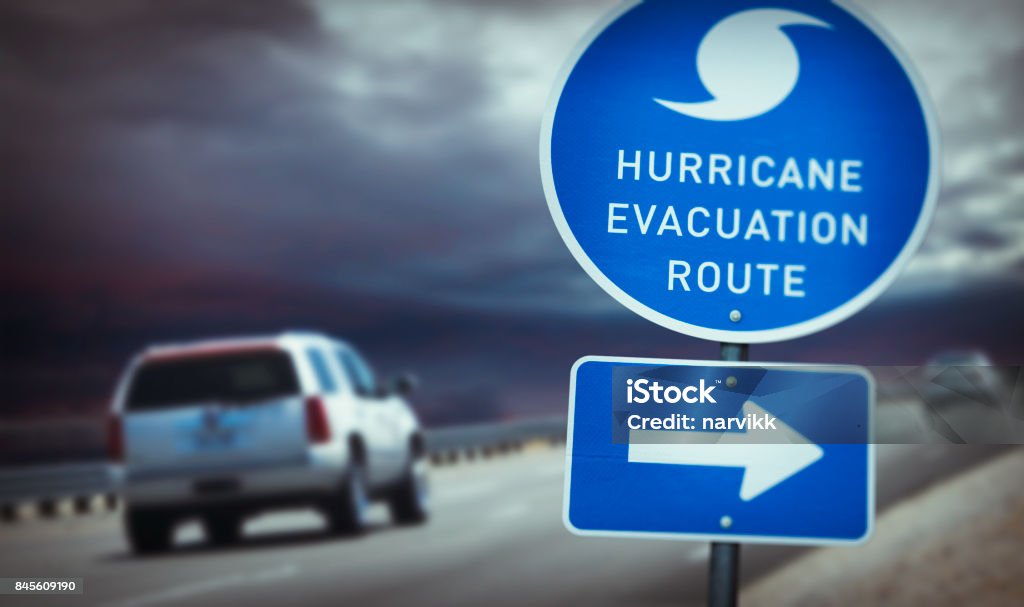 Hurricane evacuation route sign on highway Hurricane - Storm Stock Photo