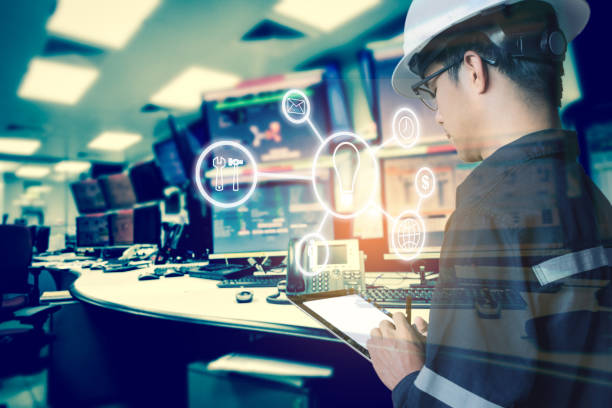 istock Double exposure of Engineer or Technician man with business industrial tool icons while using tablet with monitor of computers room  for oil and gas industrial business concept. 845609798