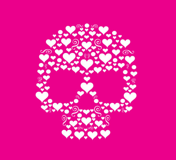 schädel-vektor mit herzen, hintergrund - scroll shape frame skull decoration stock-grafiken, -clipart, -cartoons und -symbole