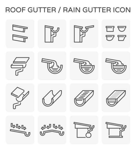 Roof gutter icon Roof gutter or rain gutter for drainage system vector icon set design. steel gutters stock illustrations