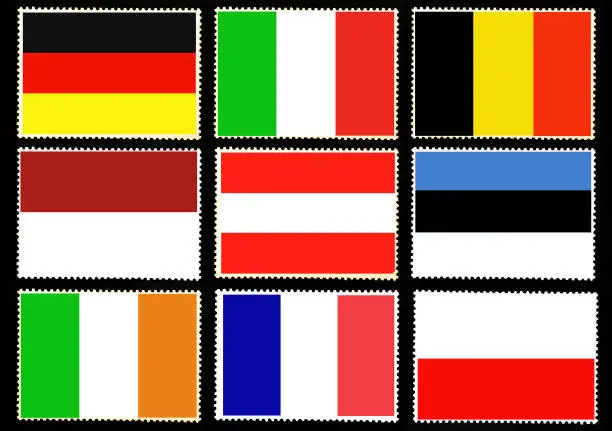Photo of Set of nine European flags on posted stamps isolated on black background.Official colors and proportion of flags.