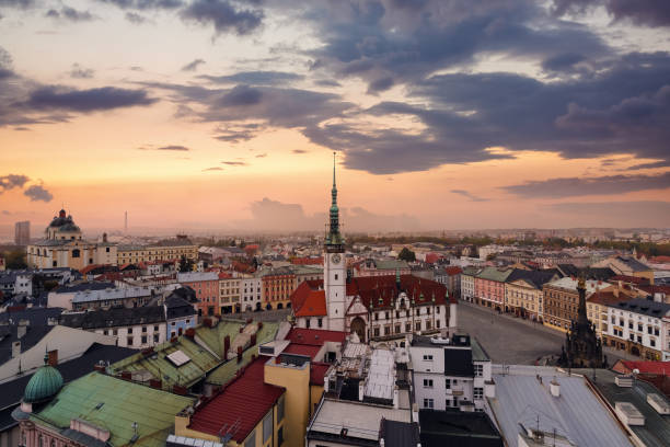 Panorama of the Olomouc city in the evening. stock photo