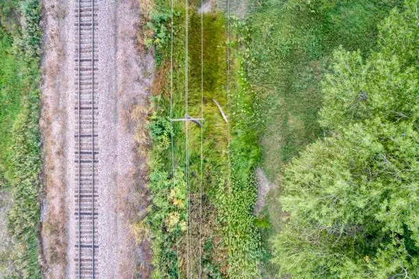 aerial view of single railroad tracks and electric wires in back country