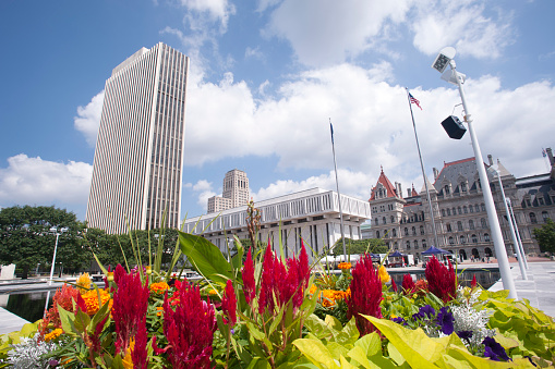 Albany, USA - July 21, 2017. Flower bed and government buildings at the Empire State Plaza with incidental people in downtown Albany, the capital city of the New York State.