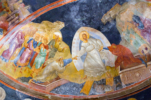 Istanbul, Turkey - October 31, 2015: The Anastasis fresco in the Church of the Holy Saviour in Chora, or Kariye Church. Chora Church is a medieval Byzantine Greek Orthodox church