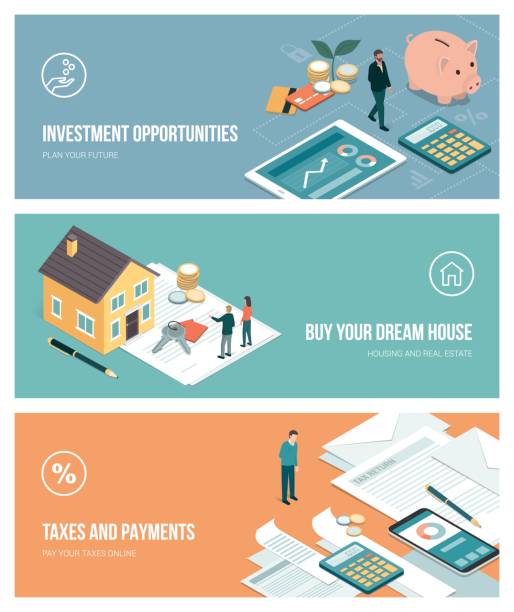 Financial plans and investments Financial plans, investments, real estate and payments banners set with copy space financial loan illustrations stock illustrations