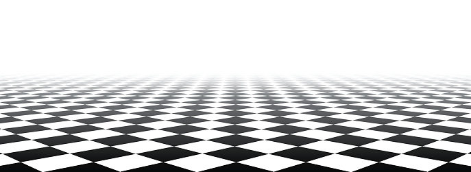 Black and white perspective checkered banner. Vector paper illustration.