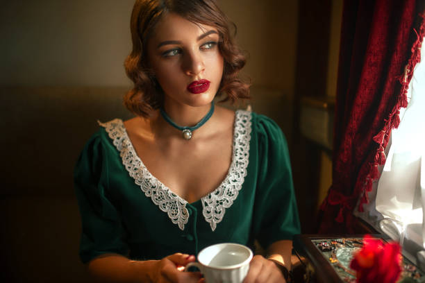 istock Woman travels on vintage train, rich compartment 845642674