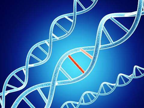 Digital models of DNA structure with problem element on abstract blue background. 3d render