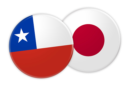 News Concept: Chile Flag Button On Japan Flag Button, 3d illustration on white background