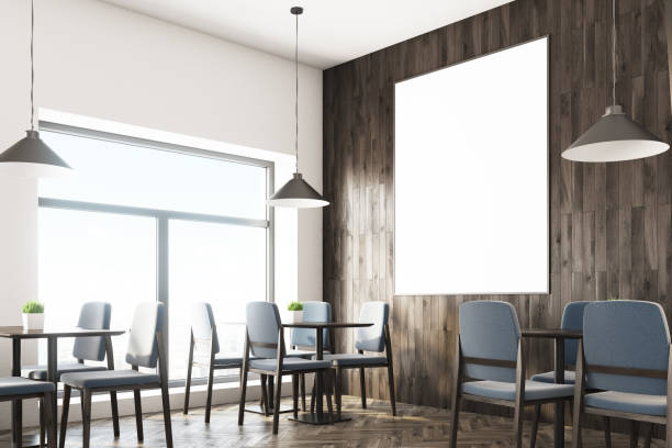 istock Gray chairs cafe interior with a poster, close up 845650424
