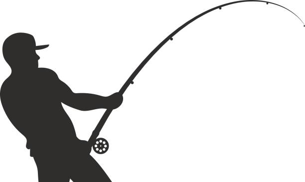 silhouette eines fischers mit einer angelrute vektor - catch of fish sport black and white activity stock-grafiken, -clipart, -cartoons und -symbole