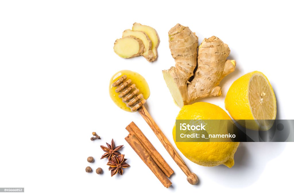 Ginger tea and ingredients Ginger tea and ingredients isolated on white background Ginger - Spice Stock Photo