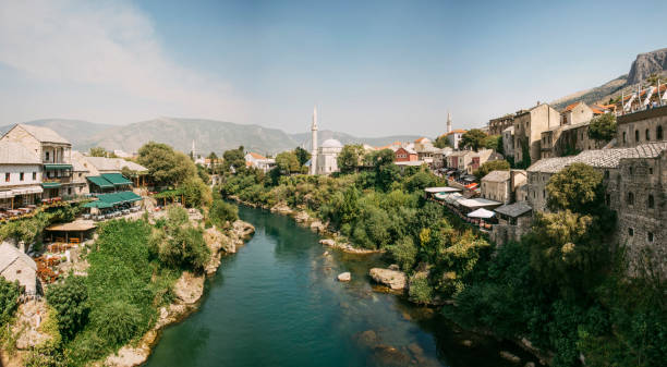 A panoramic view of the city of Mostar in Bosnia and Herzegovina, as seen from the Old Bridge.
