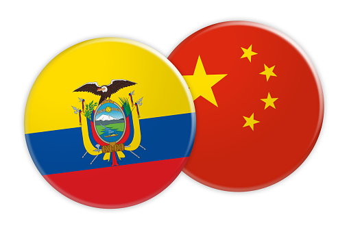 News Concept: Ecuador Flag Button On China Flag Button, 3d illustration on white background