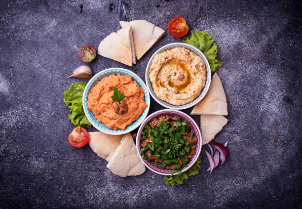 selection of middle eastern or arabic appetizers - eggplant dip baba ghanoush middle eastern cuisine imagens e fotografias de stock