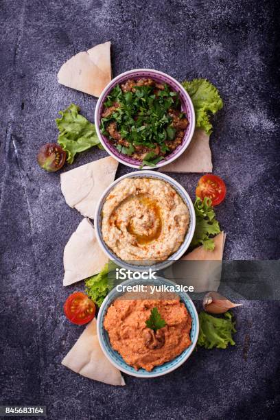 Selection Of Middle Eastern Or Arabic Appetizers Stock Photo - Download Image Now - Baba Ghanoush, Caviar, Eggplant