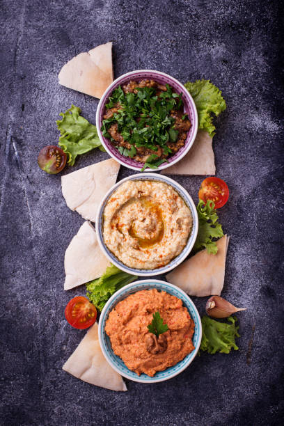 selection of middle eastern or arabic appetizers - eggplant dip baba ghanoush middle eastern cuisine imagens e fotografias de stock
