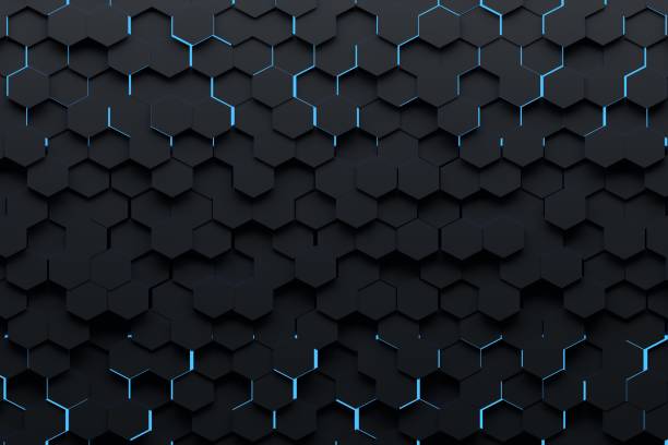Black hexagons with blue light stock photo