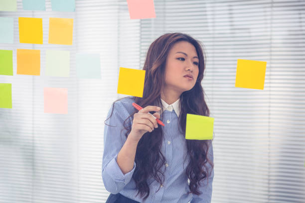 istock Asian businesswoman using sticky notes on wall 845687458