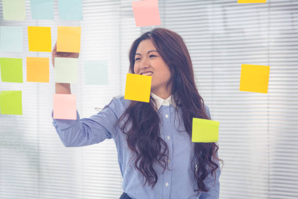istock Asian businesswoman using sticky notes on wall 845687480