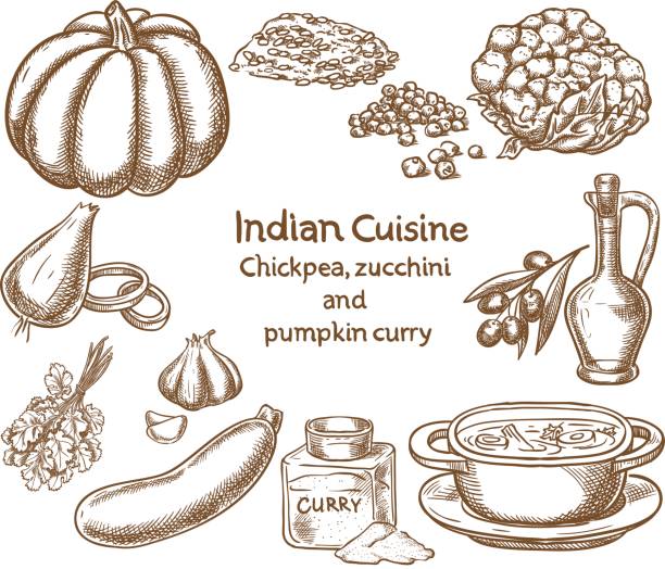 Chickpea,zucchini and pumpkin curry  Ingredients Chickpea,zucchini and pumpkin curry  Ingredients. Sketch draw. Vector fresh cilantro stock illustrations