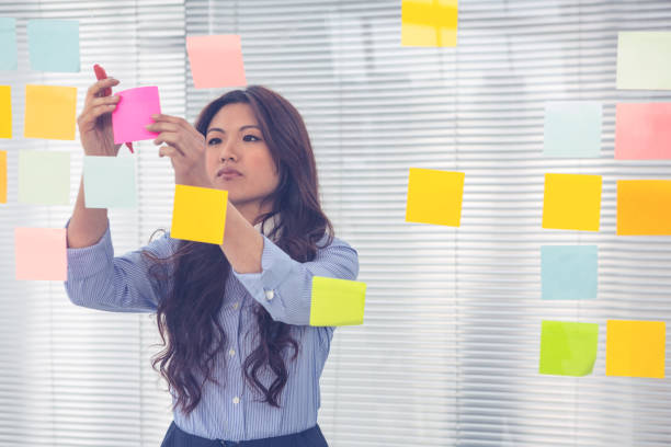 istock Asian businesswoman using sticky notes on wall 845687564