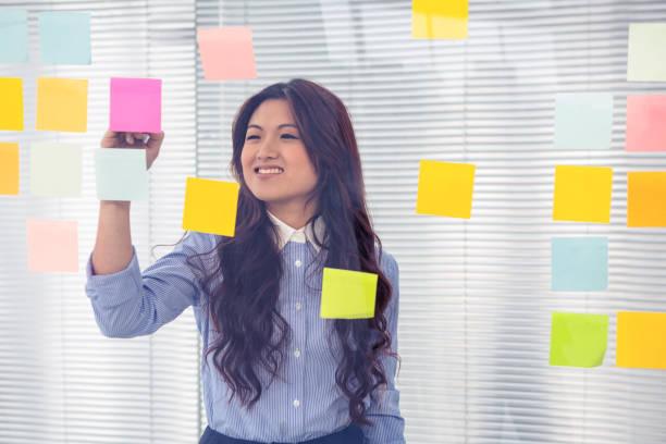 istock Asian businesswoman using sticky notes on wall 845687572