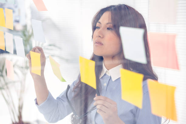 istock Asian businesswoman using sticky notes on wall 845687658