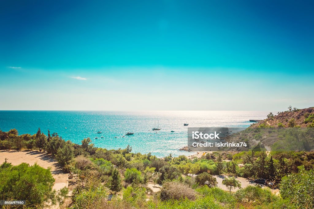 Cyprus Protaras, Konnos beach, view of lagoon Mediterranean Sea from above Seascape in Cyprus Protaras, Konnos beach, picturesque view of lagoon Mediterranean Sea from above Beach Stock Photo