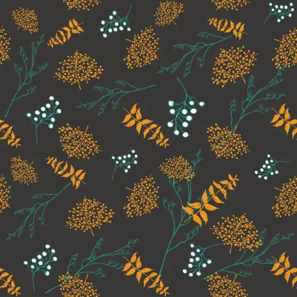 Vector illustration of Different leaves silhouettes seamless pattern. Orange, yellow and green leaves and berries on dark gray background. Hand drawn floral elements.