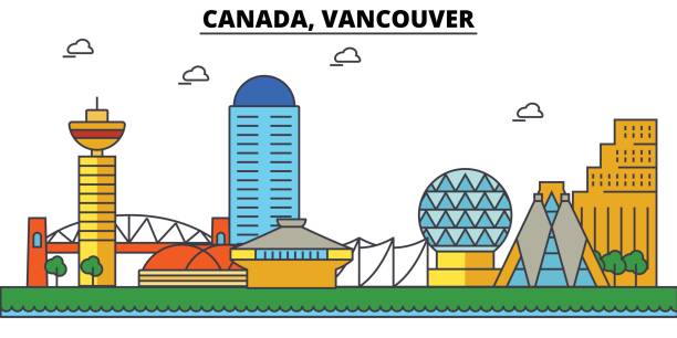 Canada, Vancouver. City skyline: architecture, buildings, streets, silhouette, landscape, panorama, landmarks. Editable strokes. Flat design line vector illustration concept. Isolated icons set Canada, Vancouver. City skyline: architecture, buildings, streets, silhouette, landscape, panorama, landmarks. Editable strokes. Flat design line vector illustration concept. Isolated icons vancouver financial district stock illustrations