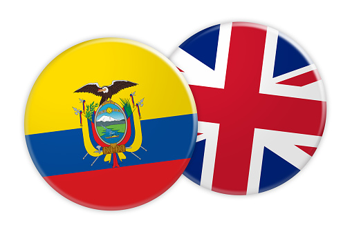 News Concept: Ecuador Flag Button On UK Flag Button, 3d illustration on white background