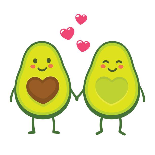 Love avocado couple Cute cartoon avocado couple holding hands, Valentine's day greeting card. Avocado love with hearts vector illustration. cute couple stock illustrations