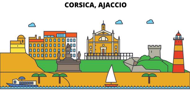 illustrations, cliparts, dessins animés et icônes de france, ajaccio, corse. toits de la ville : architecture, bâtiments, rues, silhouette, paysage, panorama, points de repère. strokes modifiables. concept de design plat line vector illustration. ensemble d’icônes isolé - ajaccio