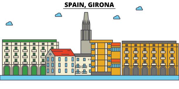 스페인 지로 나입니다. 도시 스카이 라인: 건축, 건물, 거리, 실루엣, 풍경, 파노라마, 랜드마크. 편집 가능한 스트로크입니다. 평면 디자인 라인 벡터 일러스트 레이 션 개념입니다. 격리 된 아이콘 세트 - girona stock illustrations