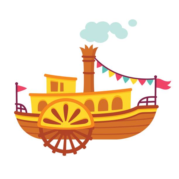Cartoon steamboat ship Bright cartoon retro steamboat with side paddle wheel. Old vintage ship vector illustration. ferry passenger stock illustrations
