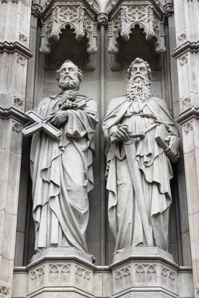 Gothic art Barcelona in Catalonia, Spain - gothic cathedral detail view. Saint Peter and Saint Paul statues. peter the apostle stock pictures, royalty-free photos & images