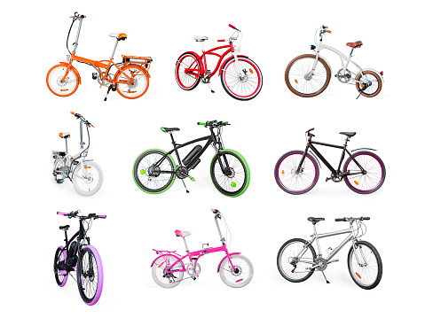 Different bikes collection. Set of electric, urban, cruiser, MTB and folding bikes isolated on white