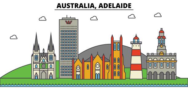 Australia, Adelaide. City skyline: architecture, buildings, streets, silhouette, landscape, panorama, landmarks. Editable strokes. Flat design line vector illustration concept. Isolated icons set Australia, Adelaide. City skyline: architecture, buildings, streets, silhouette, landscape, panorama, landmarks. Editable strokes. Flat design line vector illustration concept. Isolated icons adelaide skyline stock illustrations