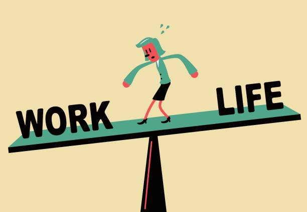 ilustraciones, imágenes clip art, dibujos animados e iconos de stock de empresaria de pie en balancín, work life balance - working mother working mother balance