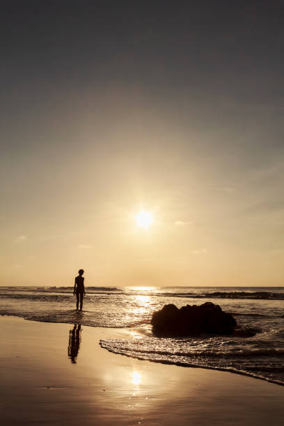 istock Silhouetted young girl watching sunset at sea 845735598