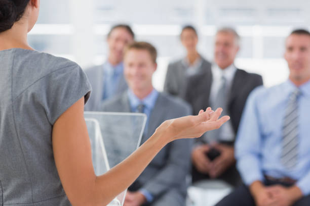 istock Businesswoman doing conference presentation 845736492